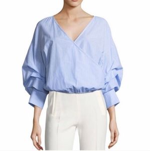 Alice + Olivia Light Blue Striped Wrap-Front Balloon Sleeve Blouse